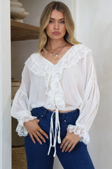 Mallin Blouse - Cascading Ruffles and Lace Crop with Balloon Sleeves in White