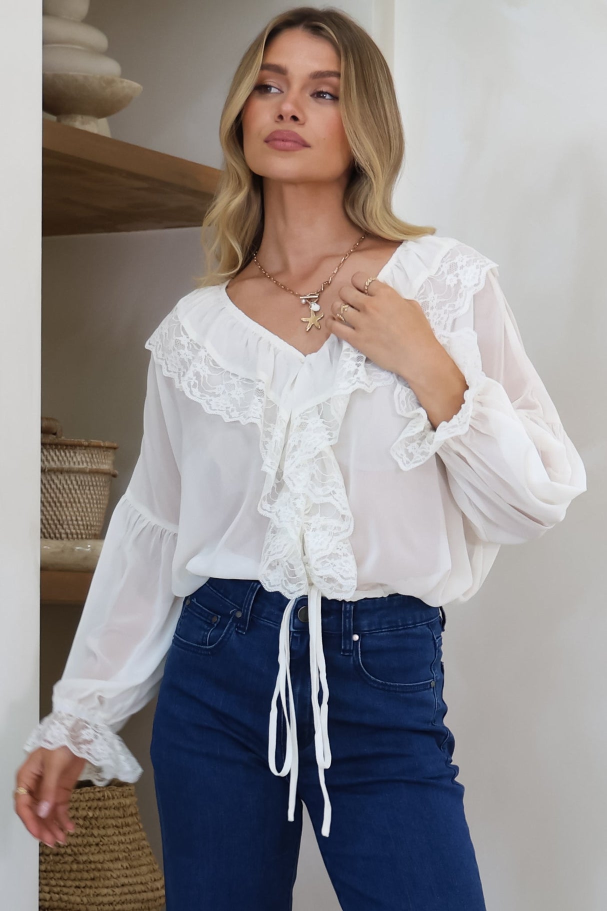 Mallin Blouse - Cascading Ruffles and Lace Crop with Balloon Sleeves in White