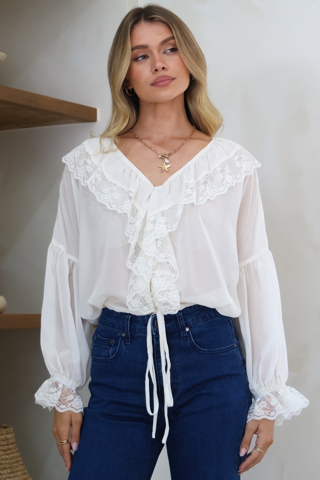 Mallin Blouse - Cascading Ruffles and Lace Crop with Balloon Sleeves in White