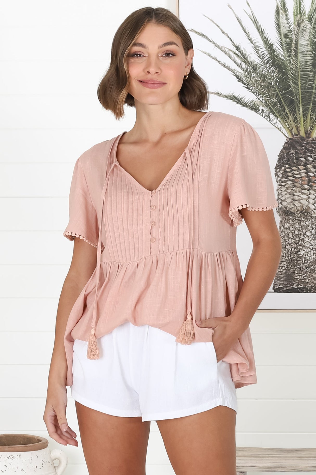 Mallory Top - Pleated Bodice Crochet Trim Cap Sleeve Smock Top in Blush