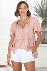 Mallory Top - Pleated Bodice Crochet Trim Cap Sleeve Smock Top in Blush