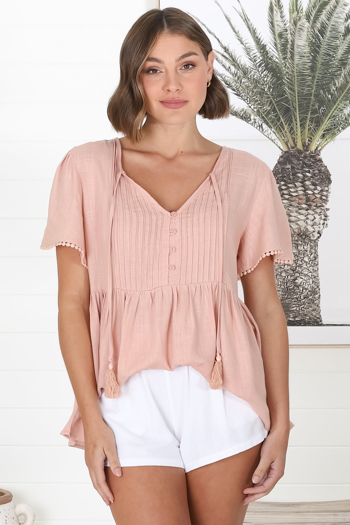 Mallory Top - Pleated Bodice Crochet Trim Cap Sleeve Smock Top in Blush
