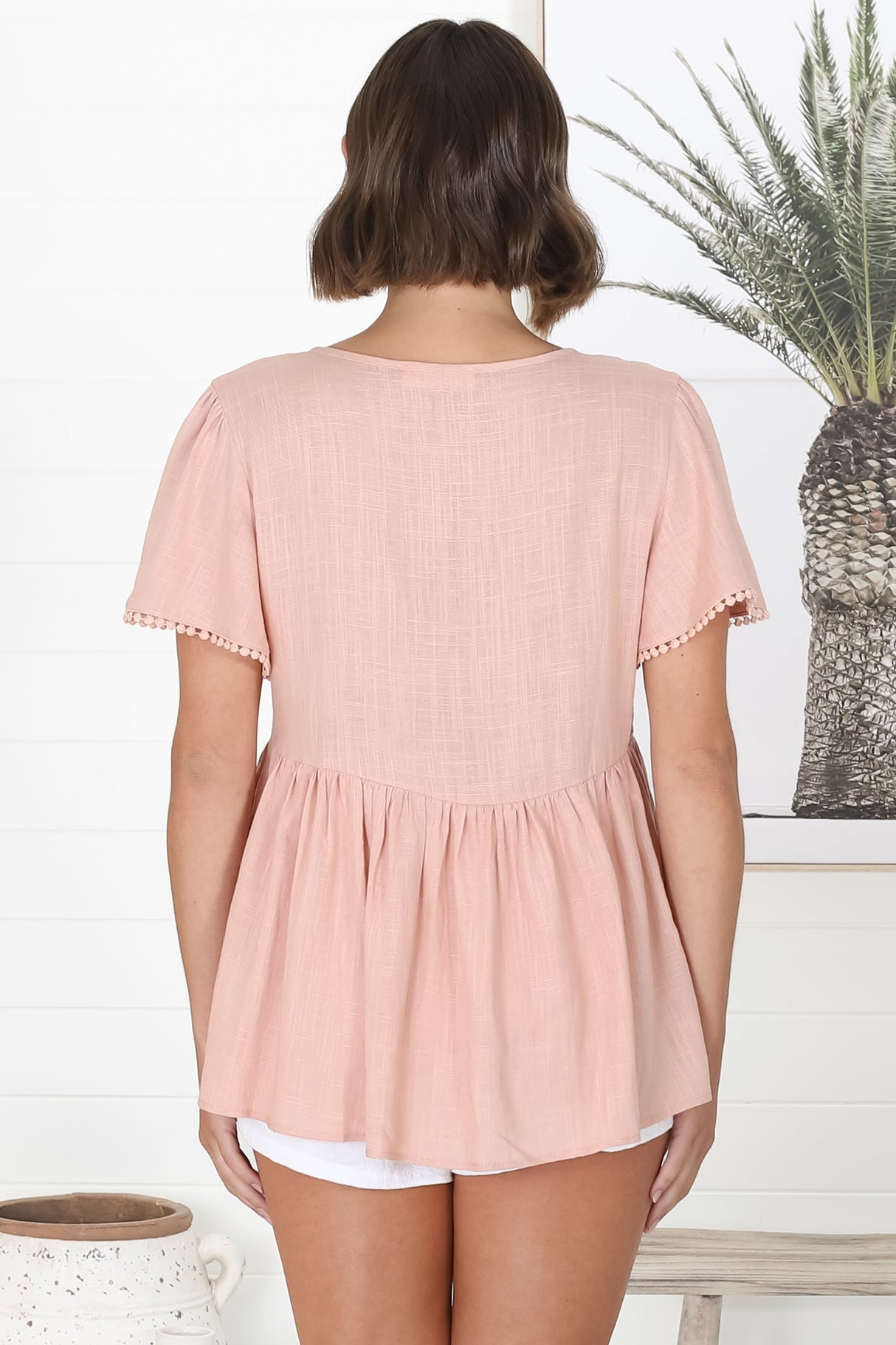 Mallory Top - Pleated Bodice Crochet Trim Cap Sleeve Smock Top in Blush