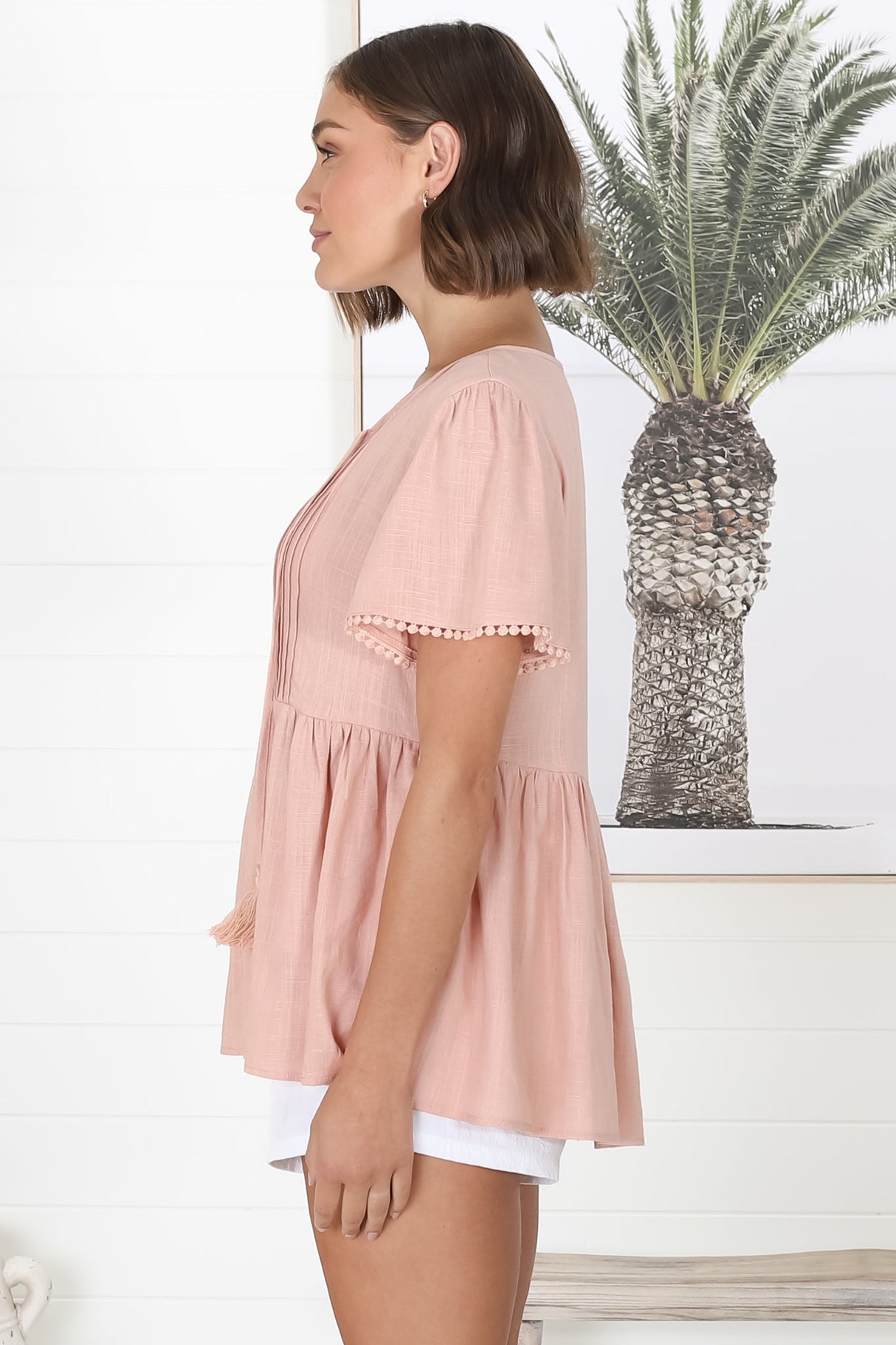 Mallory Top - Pleated Bodice Crochet Trim Cap Sleeve Smock Top in Blush