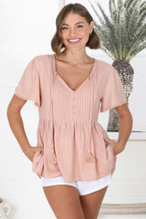 Mallory Top - Pleated Bodice Crochet Trim Cap Sleeve Smock Top in Blush