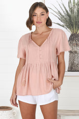 Mallory Top - Pleated Bodice Crochet Trim Cap Sleeve Smock Top in Blush