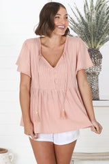 Mallory Top - Pleated Bodice Crochet Trim Cap Sleeve Smock Top in Blush