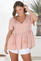 Mallory Top - Pleated Bodice Crochet Trim Cap Sleeve Smock Top in Blush