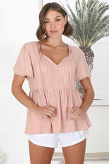 Mallory Top - Pleated Bodice Crochet Trim Cap Sleeve Smock Top in Blush