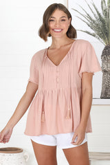 Mallory Top - Pleated Bodice Crochet Trim Cap Sleeve Smock Top in Blush