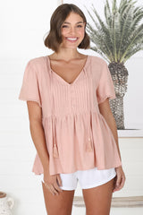 Mallory Top - Pleated Bodice Crochet Trim Cap Sleeve Smock Top in Blush