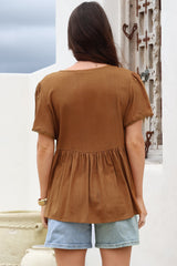 Mallory Top - Pleated Bodice Crochet Trim Cap Sleeve Smock Top in Terracotta