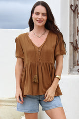 Mallory Top - Pleated Bodice Crochet Trim Cap Sleeve Smock Top in Terracotta