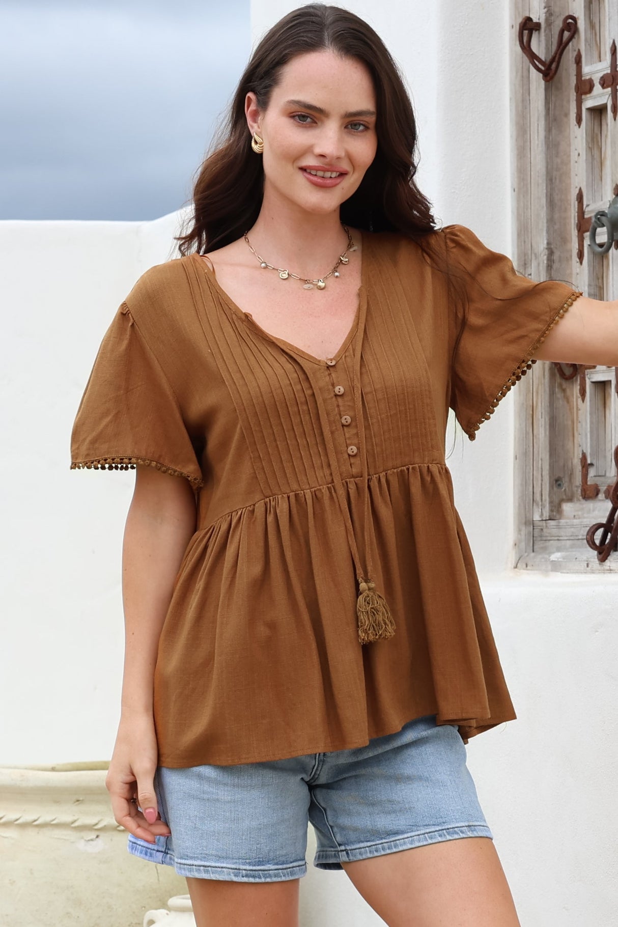 Mallory Top - Pleated Bodice Crochet Trim Cap Sleeve Smock Top in Terracotta