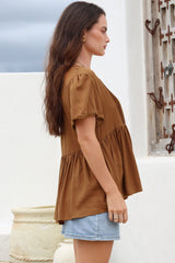 Mallory Top - Pleated Bodice Crochet Trim Cap Sleeve Smock Top in Terracotta
