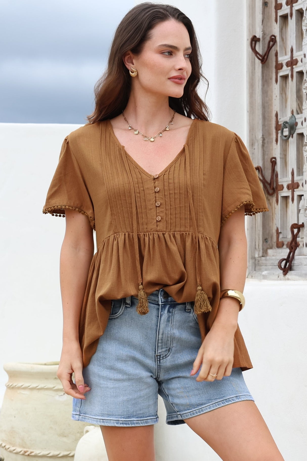 Mallory Top - Pleated Bodice Crochet Trim Cap Sleeve Smock Top in Terracotta