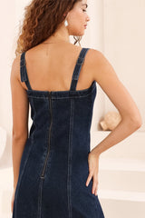 Malone Maxi Dress - Sweetheart Neckline Denim Dress in Dark Denim