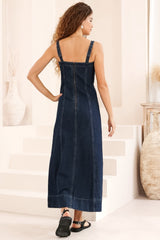 Malone Maxi Dress - Sweetheart Neckline Denim Dress in Dark Denim