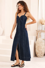 Malone Maxi Dress - Sweetheart Neckline Denim Dress in Dark Denim