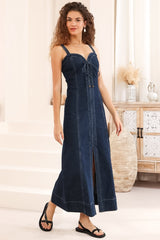 Malone Maxi Dress - Sweetheart Neckline Denim Dress in Dark Denim