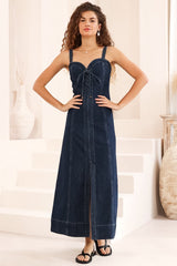Malone Maxi Dress - Sweetheart Neckline Denim Dress in Dark Denim