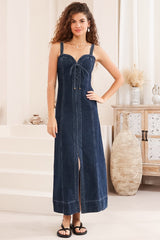 Malone Maxi Dress - Sweetheart Neckline Denim Dress in Dark Denim