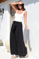 Malta Pants - High Waisted Wide Leg Pants with Tie Waist in Black