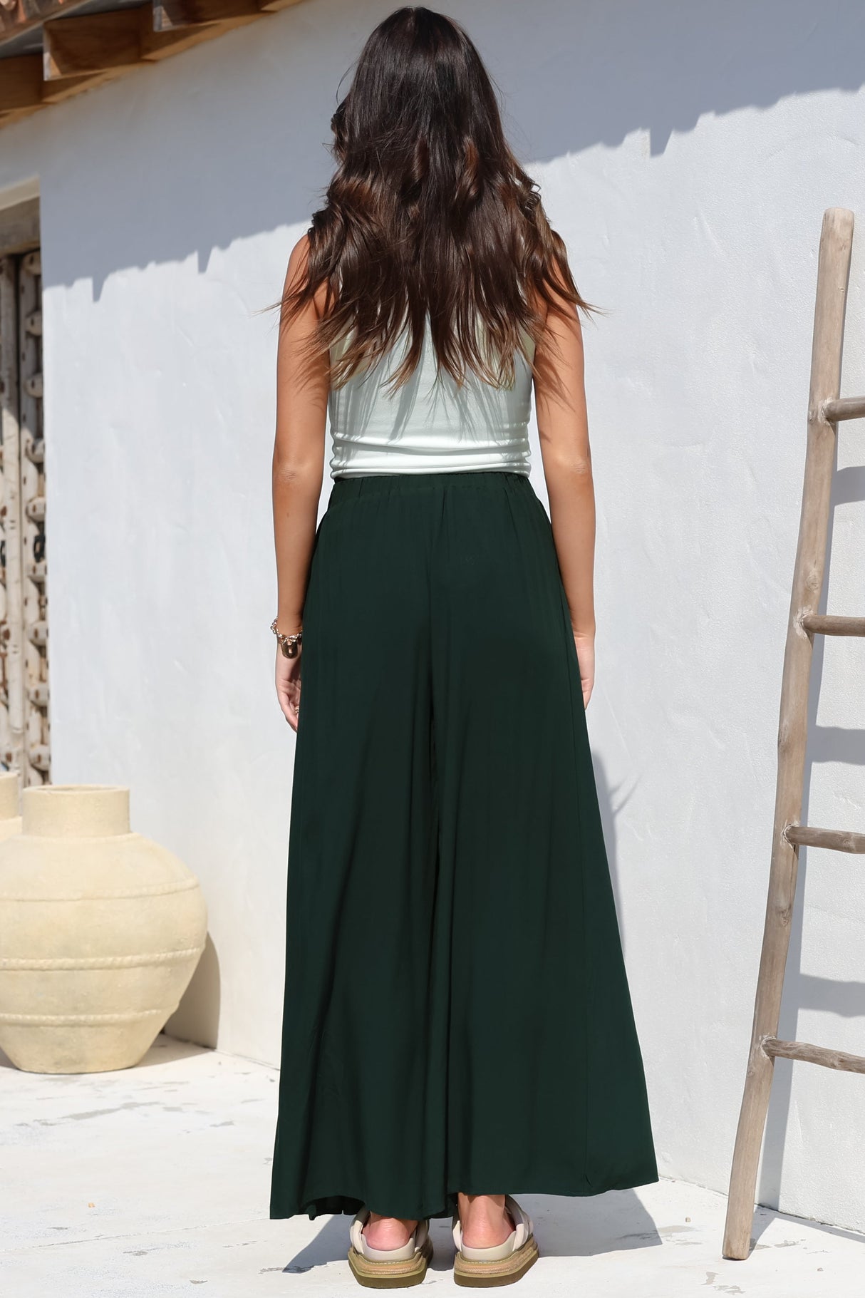 Malta Pants - High Waisted Wide Leg Pants with Tie Waist in Emerald