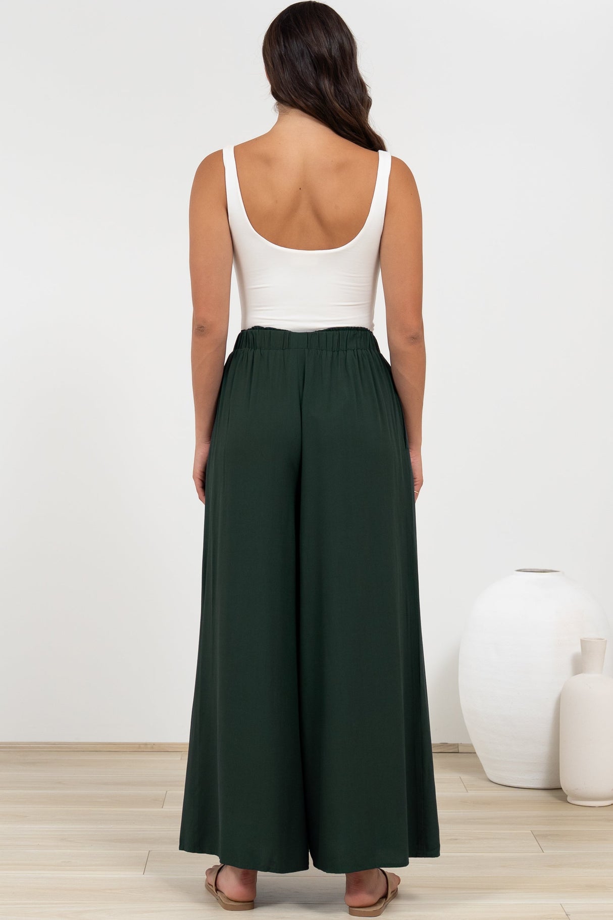 Malta Pants - High Waisted Wide Leg Pants with Tie Waist in Emerald