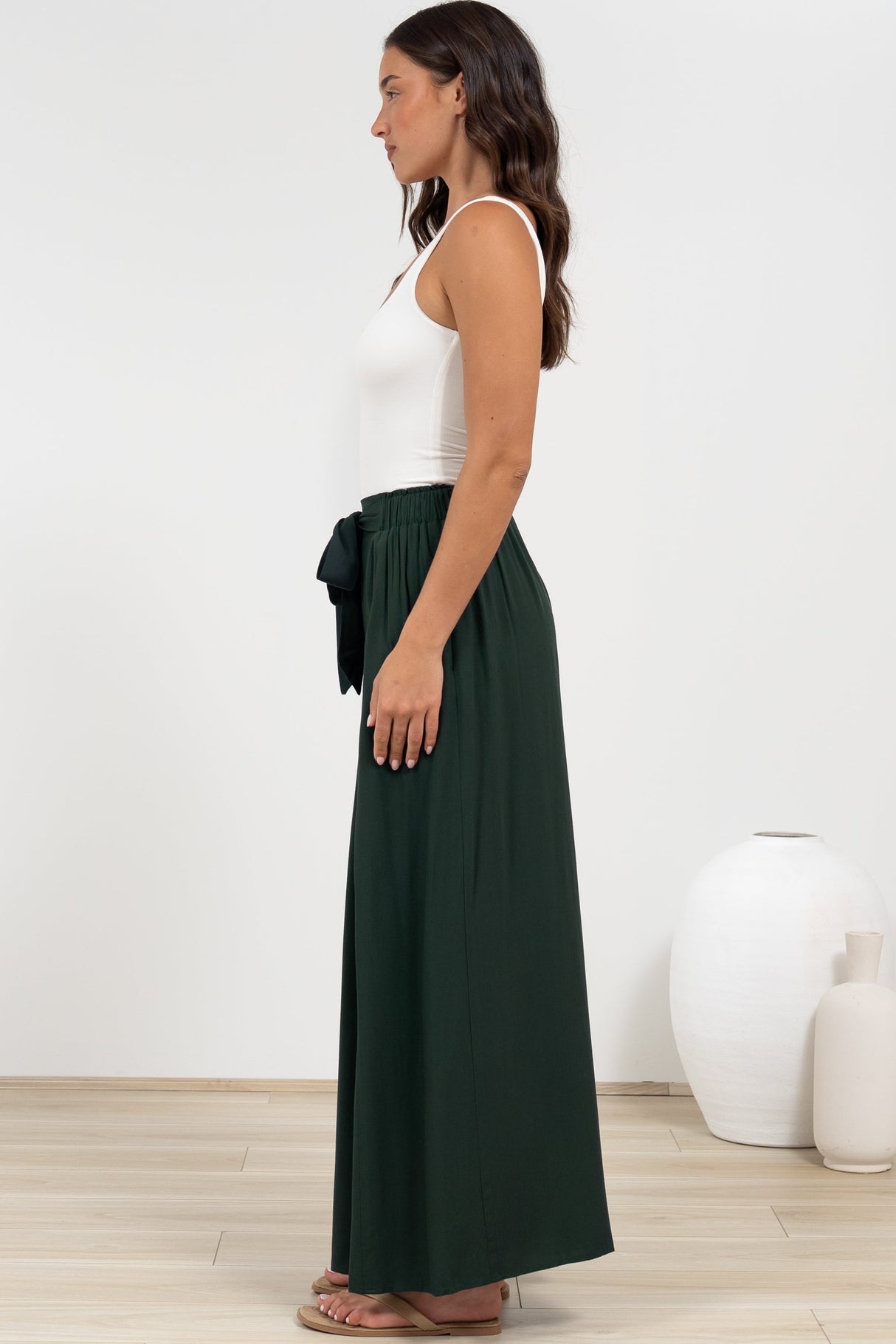 Malta Pants - High Waisted Wide Leg Pants with Tie Waist in Emerald