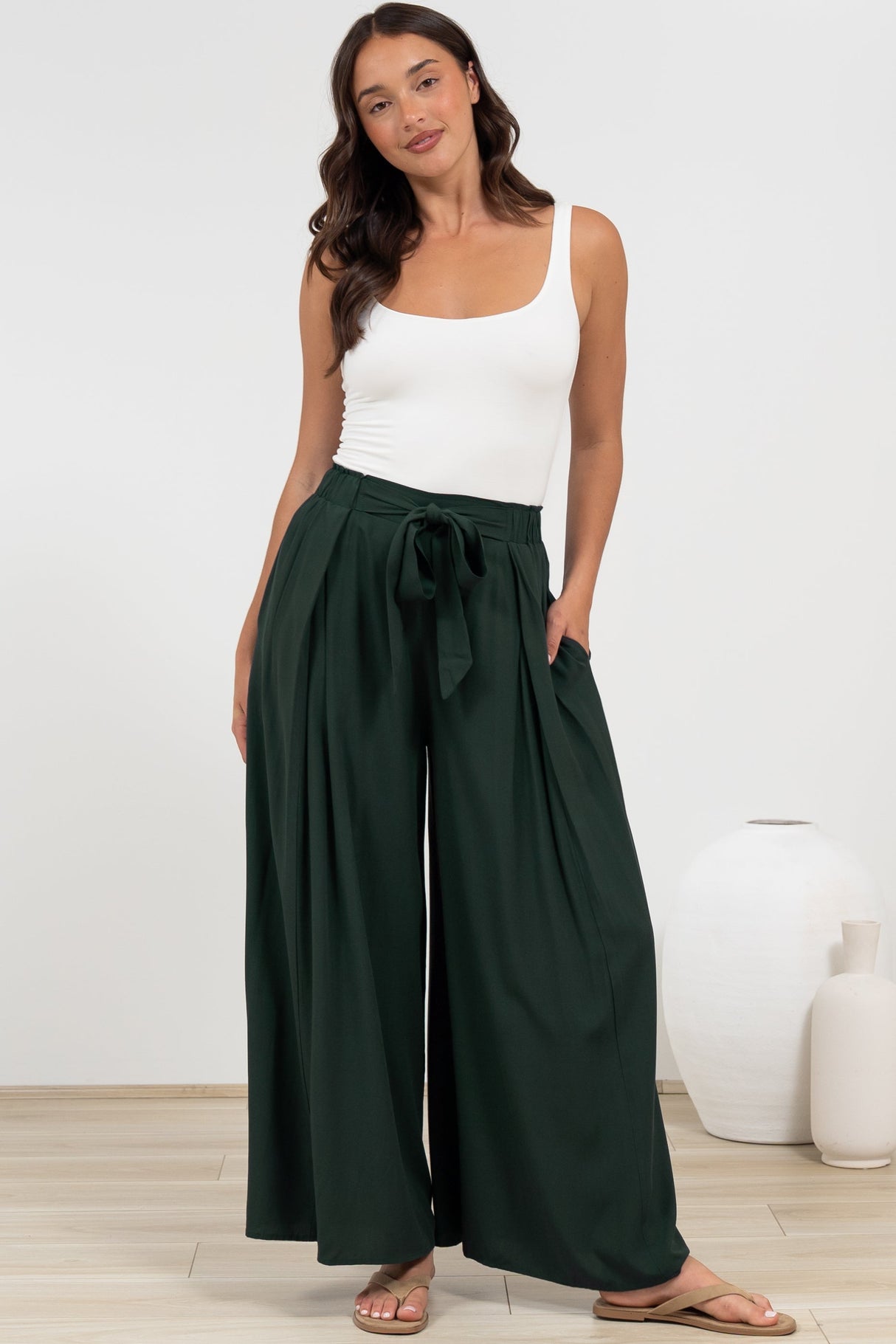 Malta Pants - High Waisted Wide Leg Pants with Tie Waist in Emerald