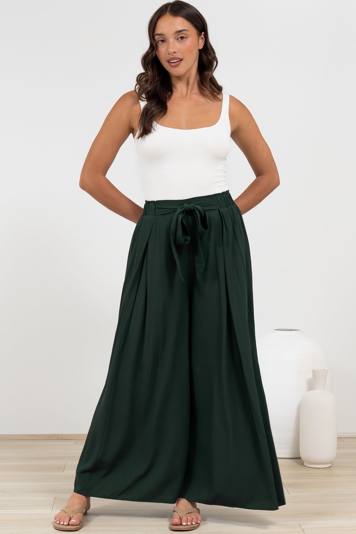Malta Pants - High Waisted Wide Leg Pants with Tie Waist in Emerald