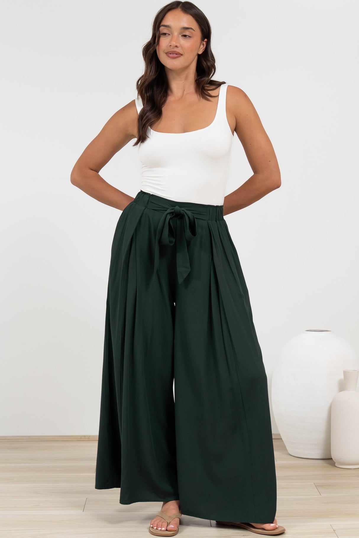 Malta Pants - High Waisted Wide Leg Pants with Tie Waist in Emerald