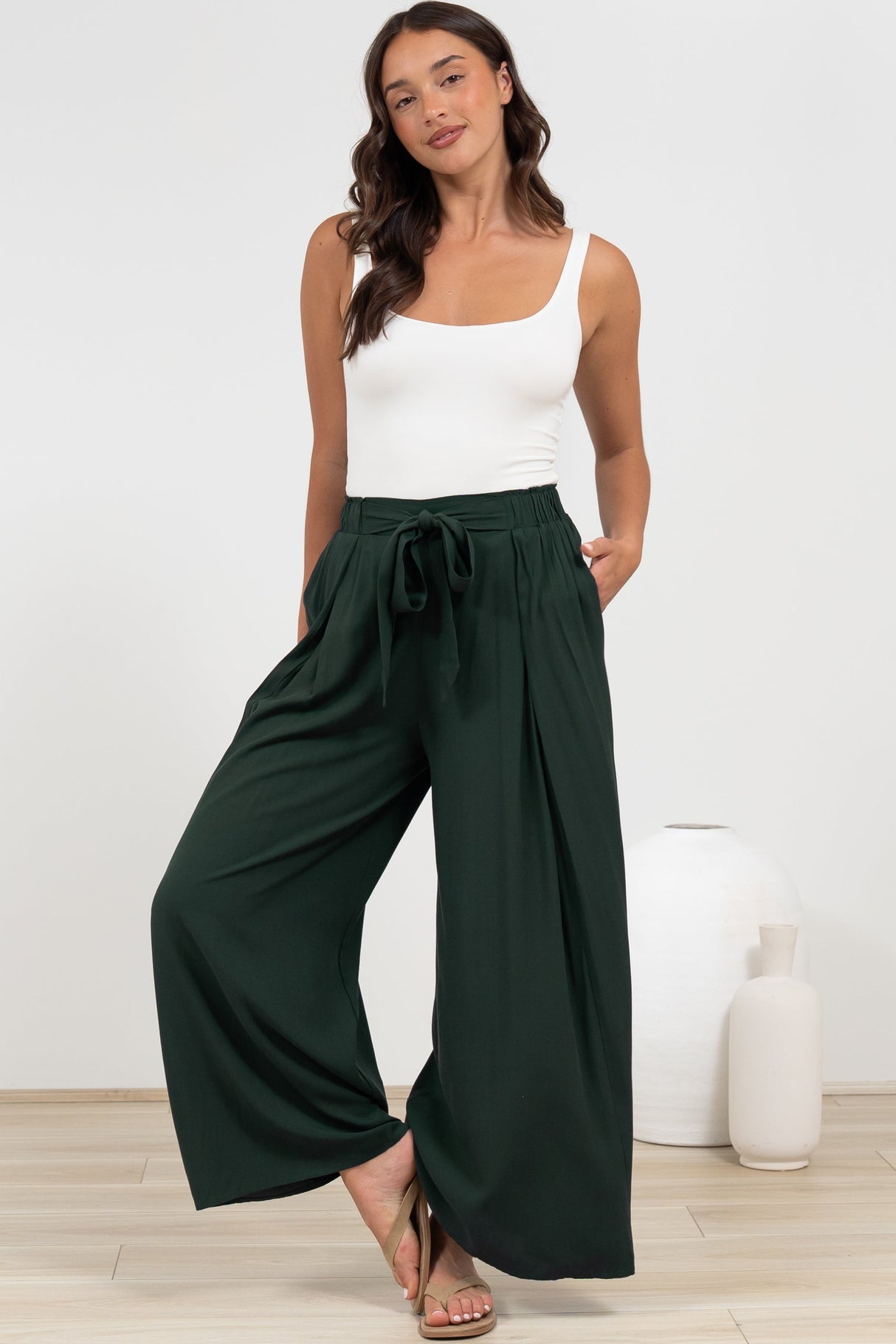 Malta Pants - High Waisted Wide Leg Pants with Tie Waist in Emerald