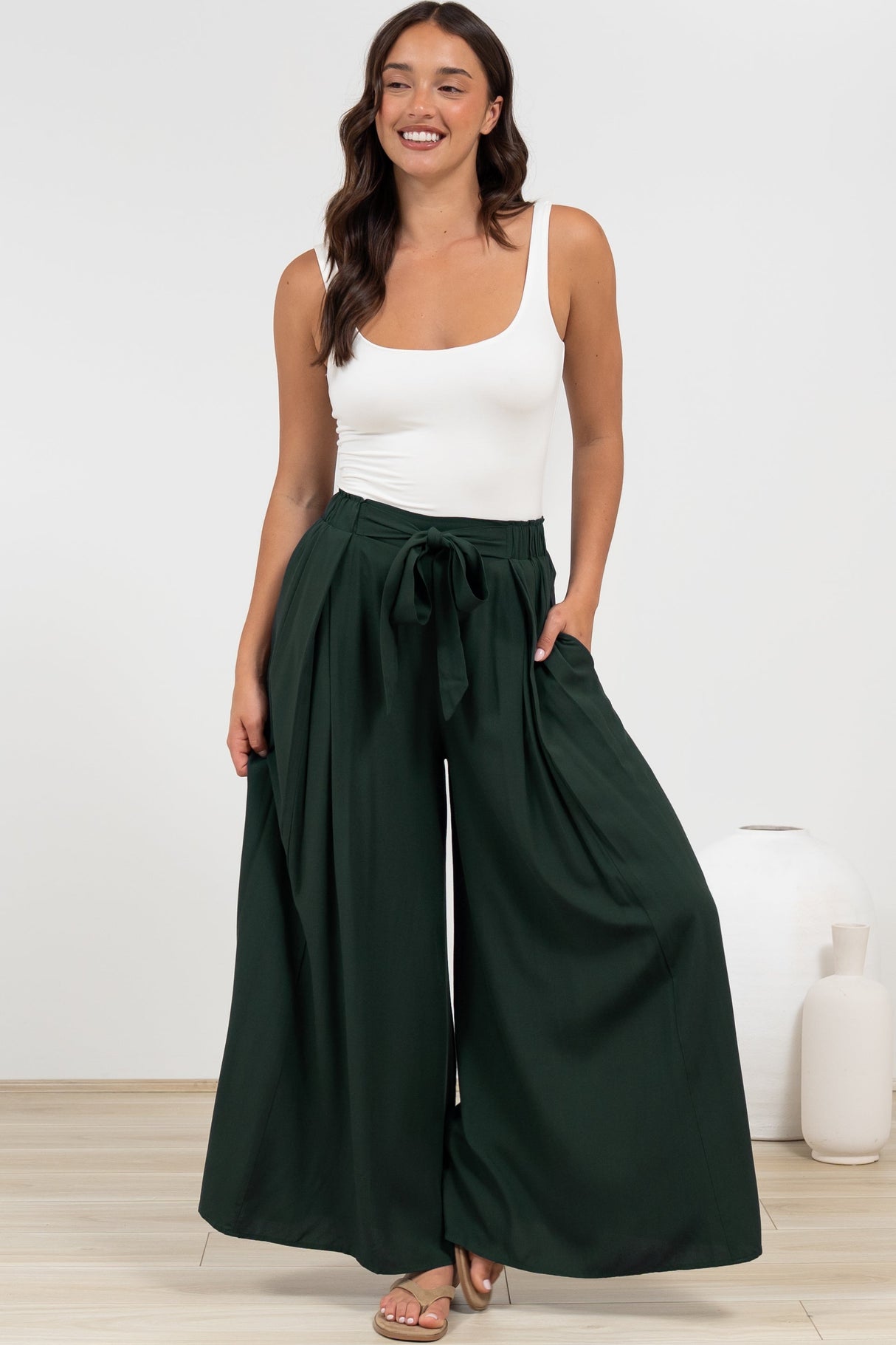 Malta Pants - High Waisted Wide Leg Pants with Tie Waist in Emerald