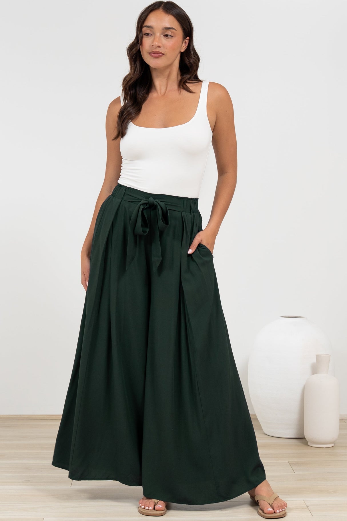 Malta Pants - High Waisted Wide Leg Pants with Tie Waist in Emerald