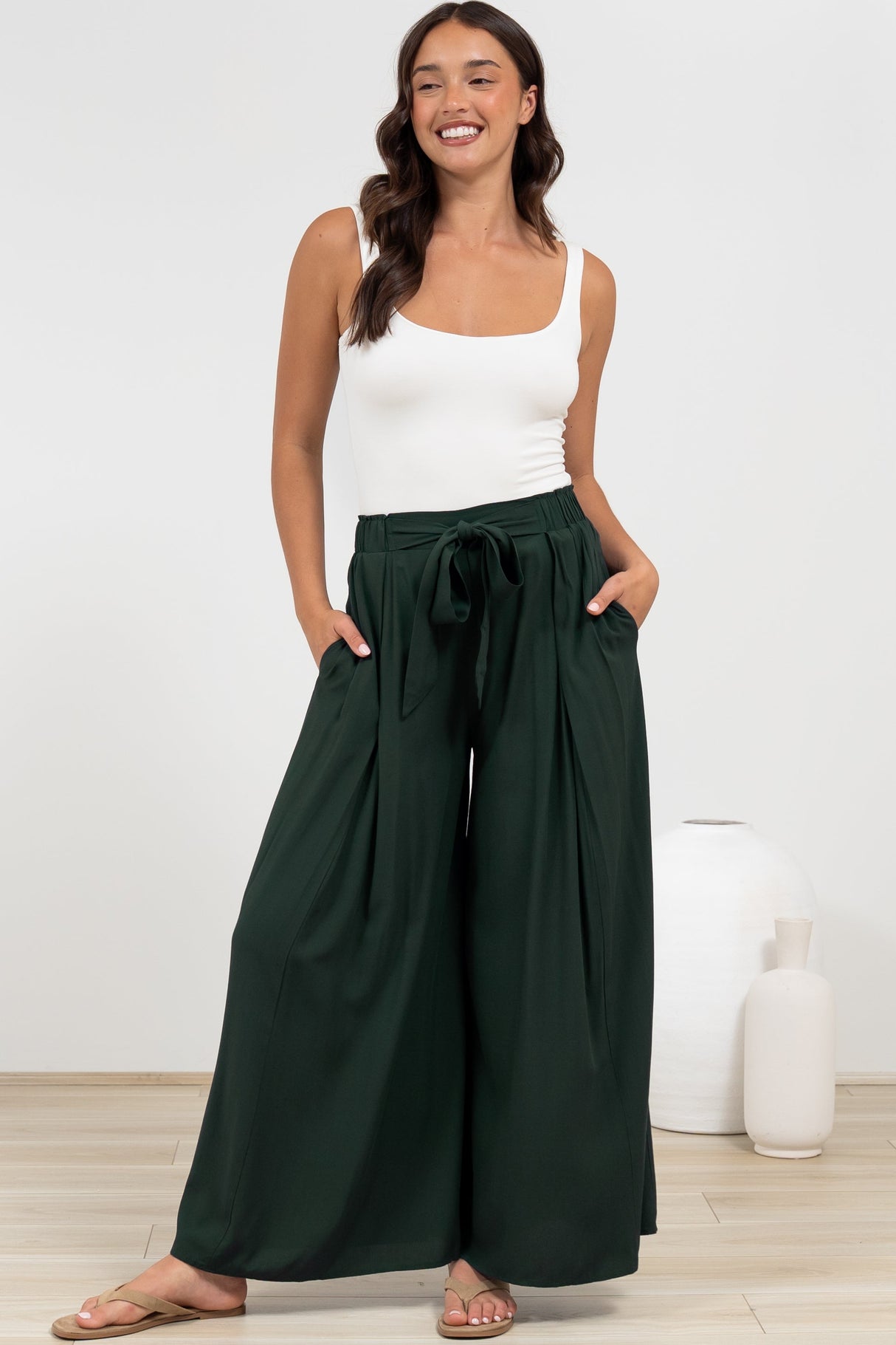 Malta Pants - High Waisted Wide Leg Pants with Tie Waist in Emerald