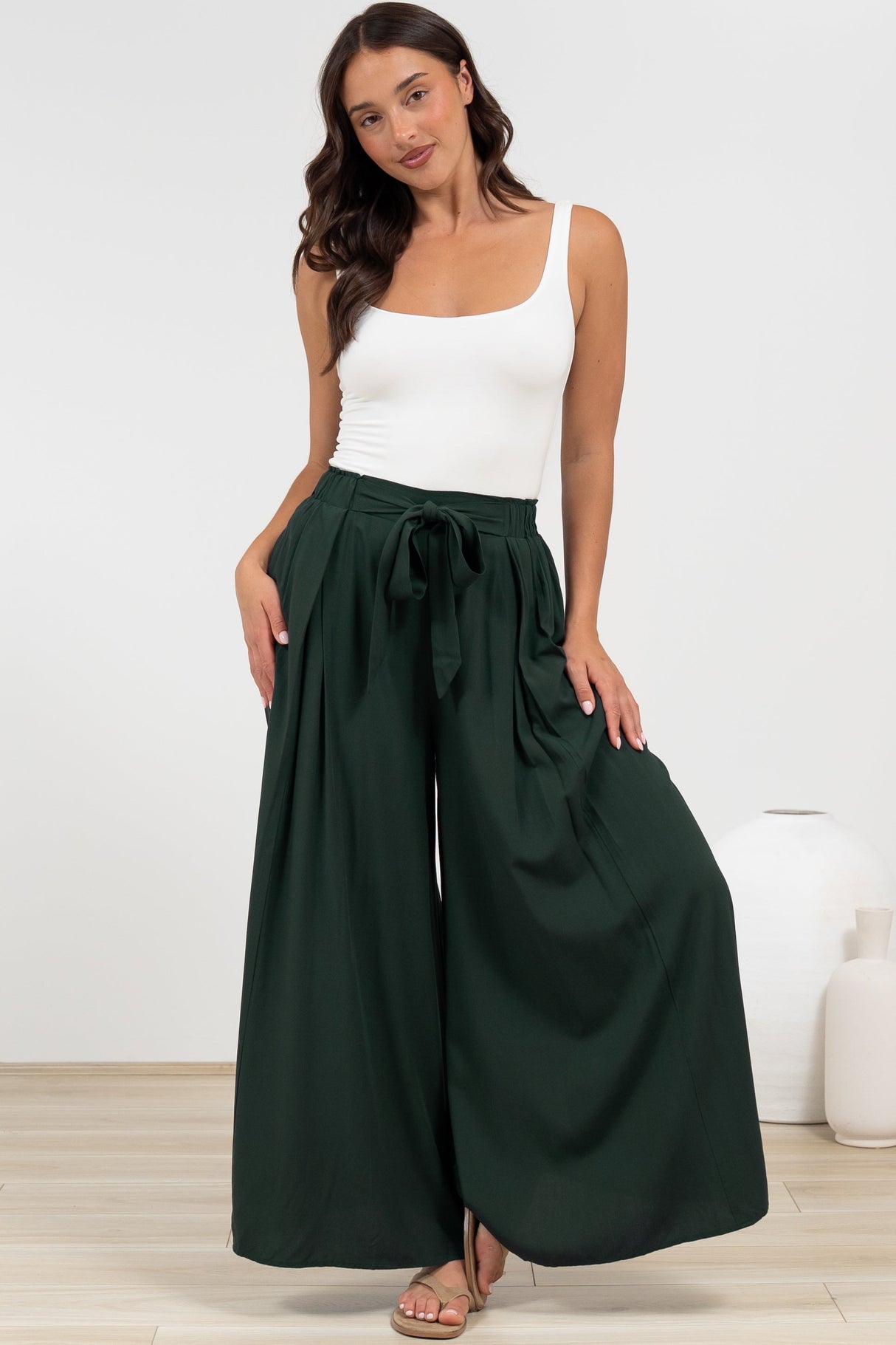 Malta Pants - High Waisted Wide Leg Pants with Tie Waist in Emerald