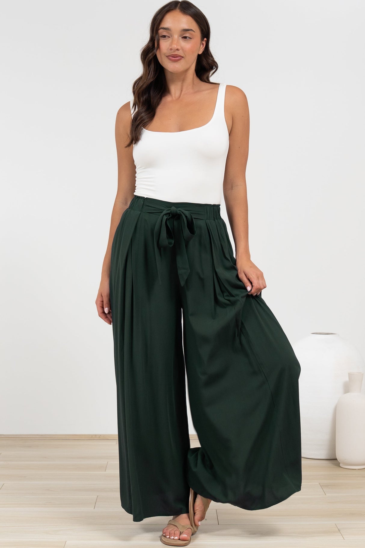 Malta Pants - High Waisted Wide Leg Pants with Tie Waist in Emerald