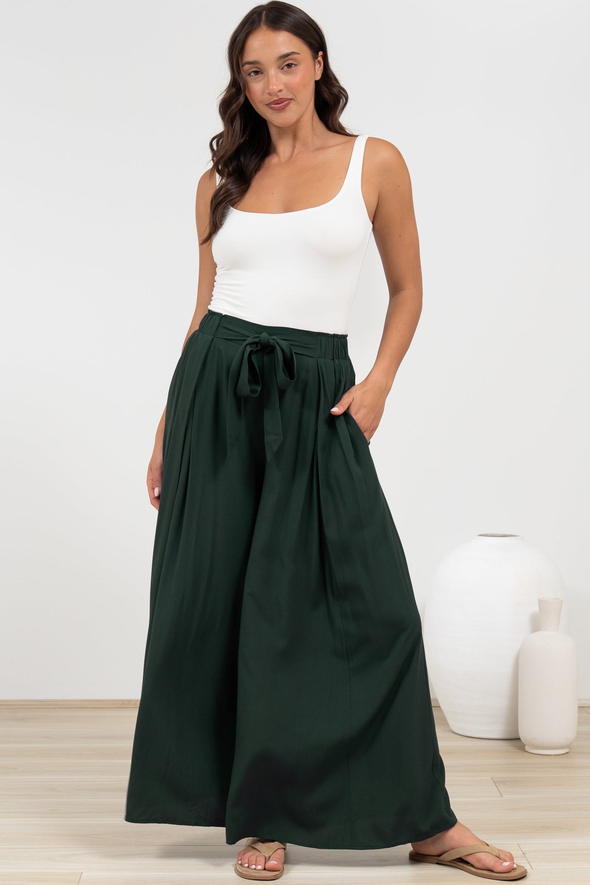 Malta Pants - High Waisted Wide Leg Pants with Tie Waist in Emerald