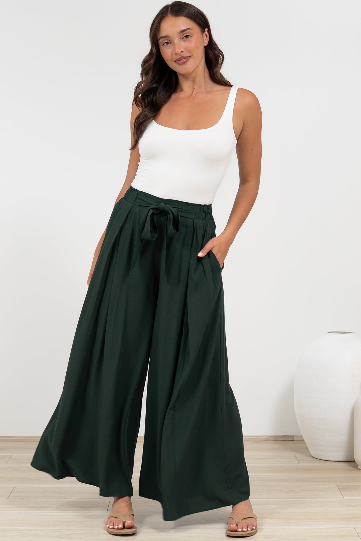 Malta Pants - High Waisted Wide Leg Pants with Tie Waist in Emerald