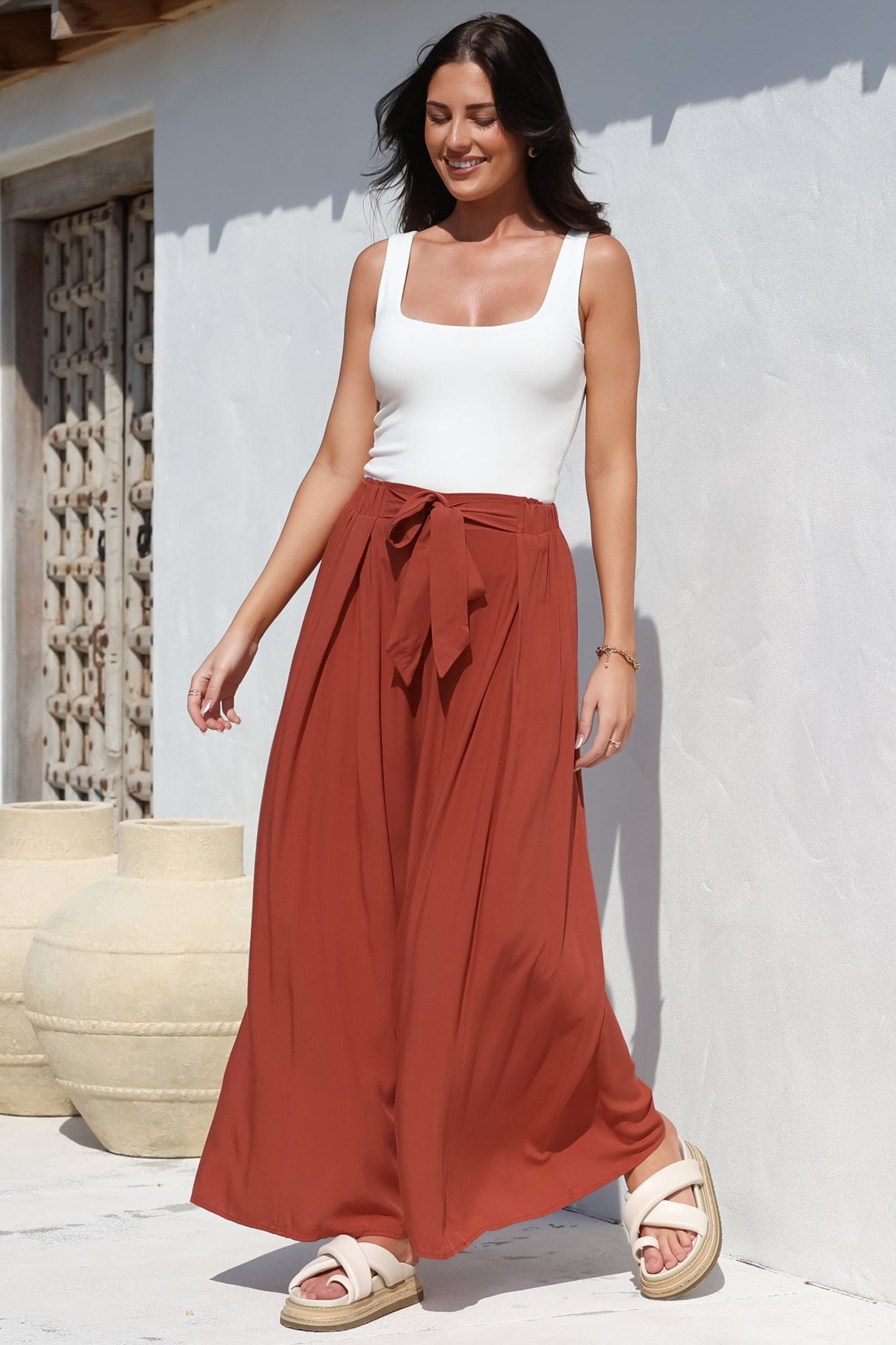 Malta Pants - High Waisted Wide Leg Pants with Tie Waist in Rust