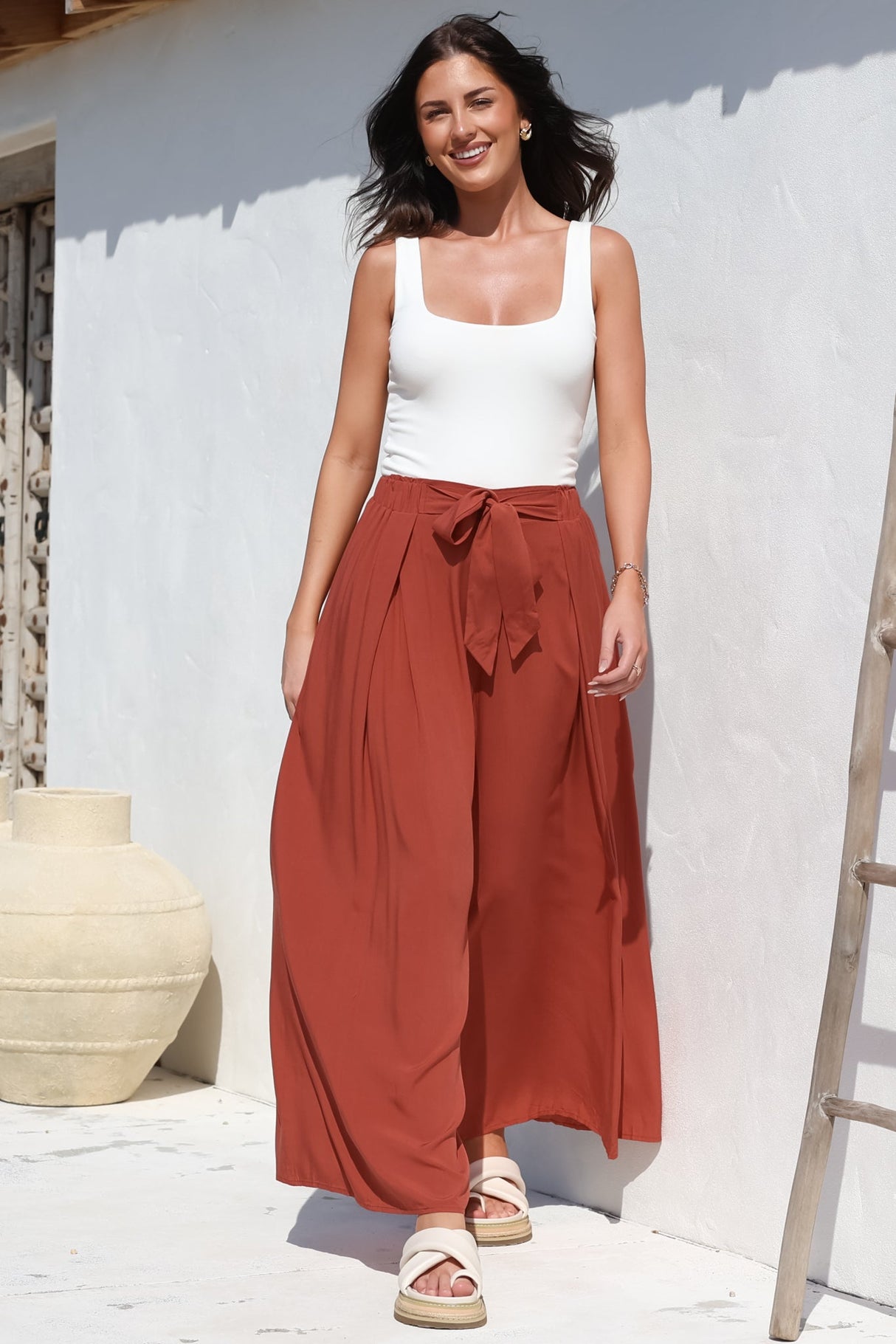 Malta Pants - High Waisted Wide Leg Pants with Tie Waist in Rust