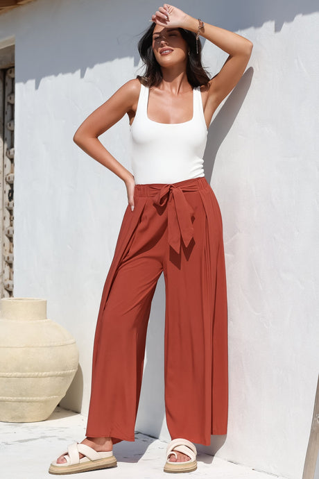 Malta Pants - High Waisted Wide Leg Pants with Tie Waist in Rust