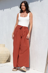 Malta Pants - High Waisted Wide Leg Pants with Tie Waist in Rust