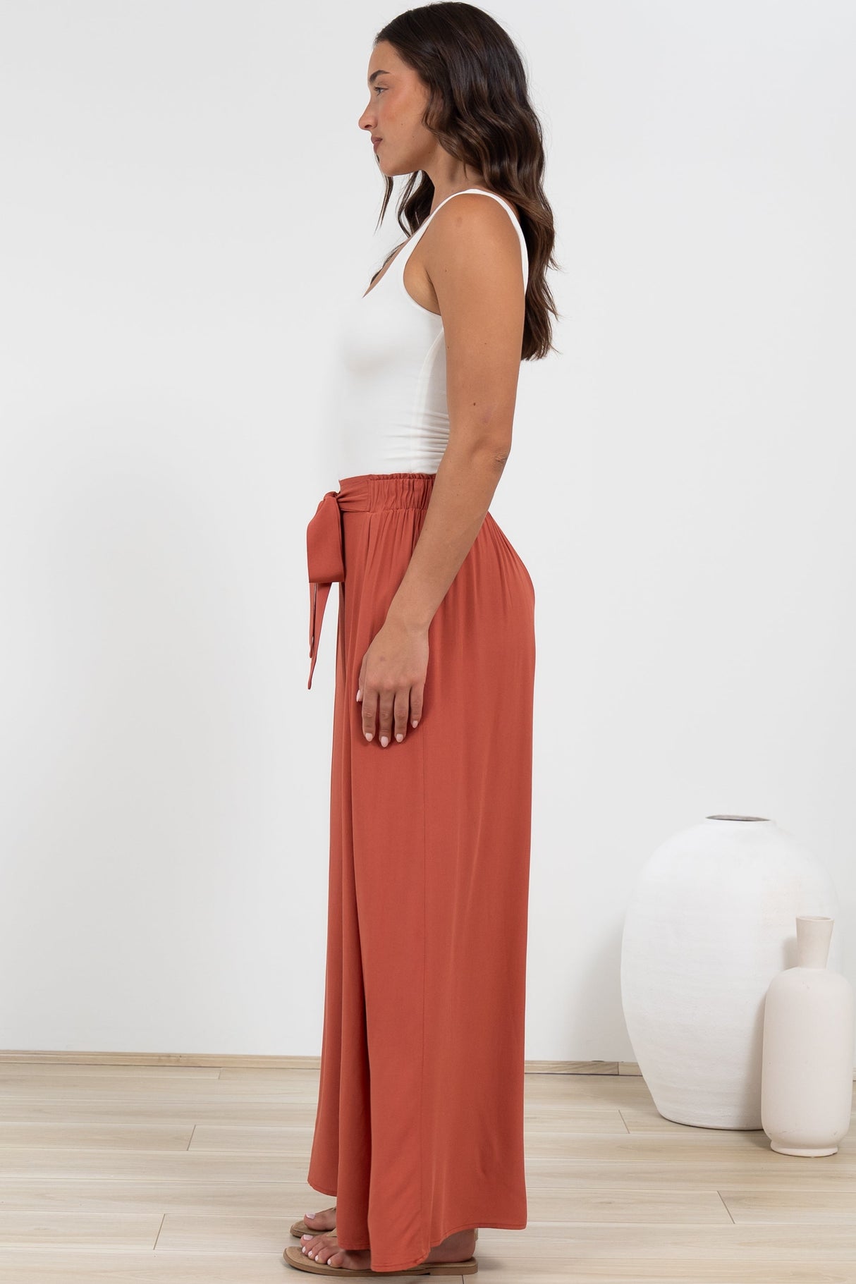 Malta Pants - High Waisted Wide Leg Pants with Tie Waist in Rust