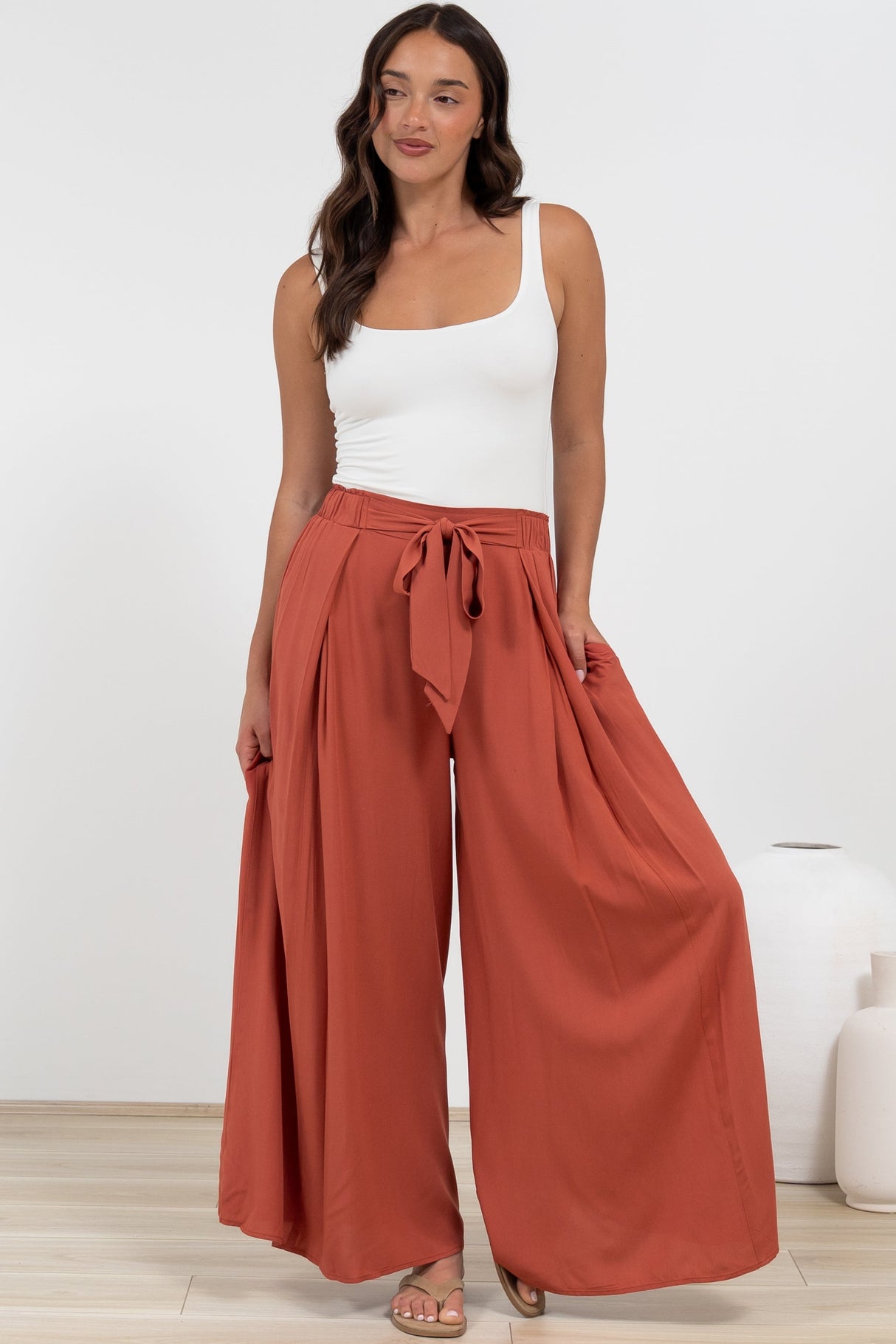 Malta Pants - High Waisted Wide Leg Pants with Tie Waist in Rust