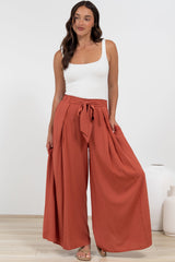 Malta Pants - High Waisted Wide Leg Pants with Tie Waist in Rust