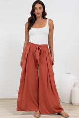 Malta Pants - High Waisted Wide Leg Pants with Tie Waist in Rust