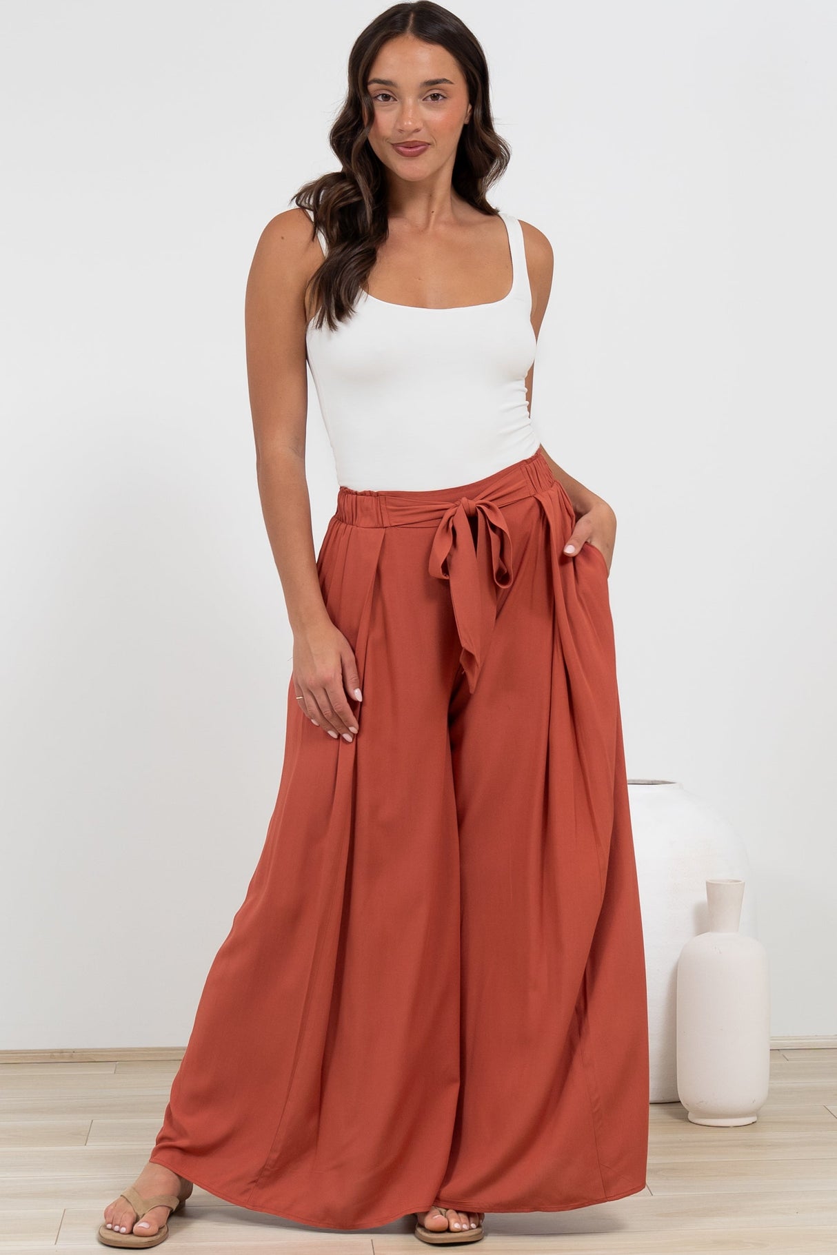 Malta Pants - High Waisted Wide Leg Pants with Tie Waist in Rust